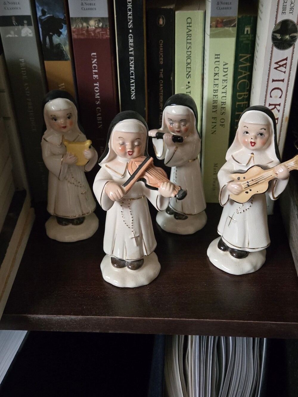 Chase Ceramic Nun Musician Figurine Set - Ivory with Black and Gold Accents